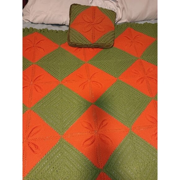 Vtg Handmade Knit Blanket Throw Granny Green Orange Floral Squares Pillow 66x71